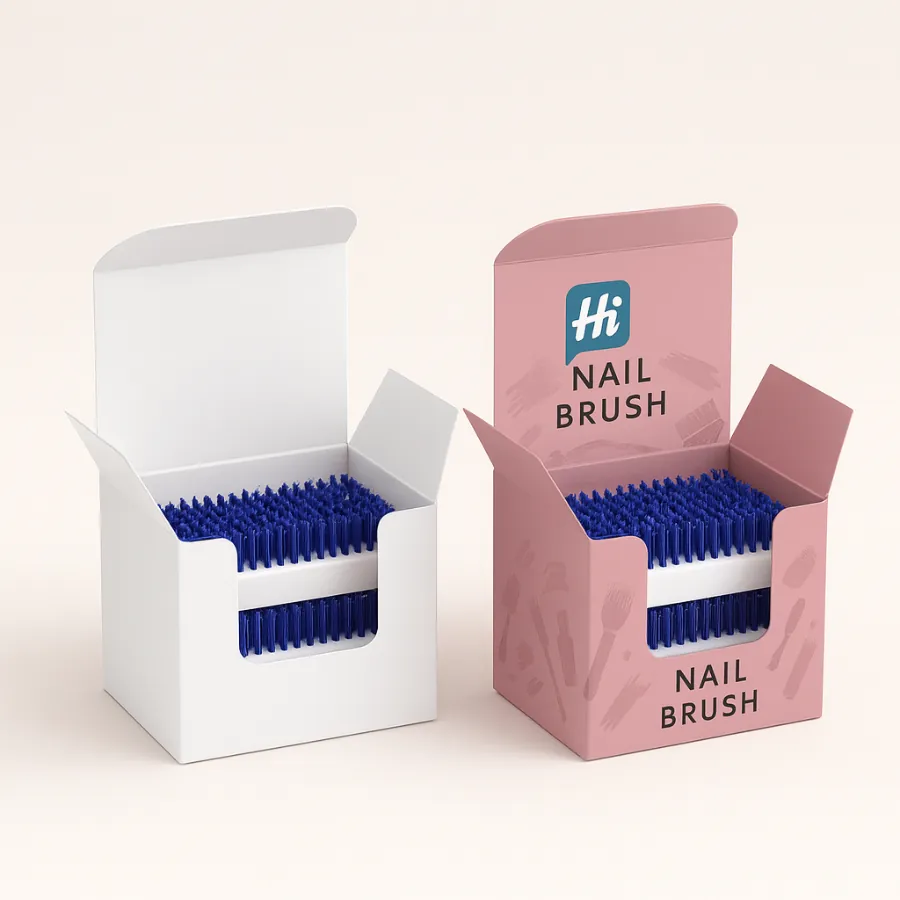 Retail dispenser boxes containing blue-bristled nail brushes- featuring a front cutout for easy access- class=
